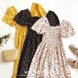 Summer Women Sweet Ruffles Dress Elastic Waist Short Sleeve Floral Print Vintage Dress Fashion Casual Knee-length Dresses 210521