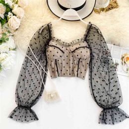 Chic Fungus Long Sleeve Mesh Blouse Women's Sexy Slash Neck Dot Print Short Tops Blusas Femininas Elegante K208 210527