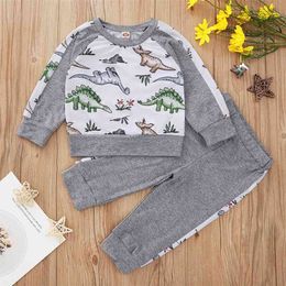 Winter Children Sets Casual Long Sleeve Print Dinosaur T-shirt Patchwork Pants 2Pcs Boys Clothes 6M-4T 210629