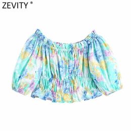 Zevity Women Sexy Pleat Off Shoulder Floral Print Short Slim Smock Blouse Female Summer Shirts Roupas Chic Crop Tops LS9416 210603