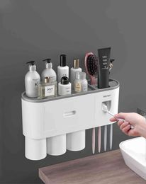 Multifunctional Wall-Mounted Toothbrush Holder, Automatic Toothpaste Dispenser Space Saving Toothbrush Organiser with Dustproof 210322