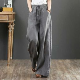 Pure linen Large size wide leg pants drawstring elastic waist cotton and linen women Trousers Summer Long Pants 211112