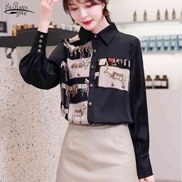 Blusas Mujer Korean Women Vintage Long Sleeve Print Shirt Fashion Turn-down Collar Office Lady Blouse Black Tops 8166 50 210508