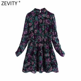 Zevity Women Vintage Stand Collar Flower Print Chiffon Mini Dress Lady Chic Pleats Puff Sleeve Casual Ruffles Vestido DS4745 210603