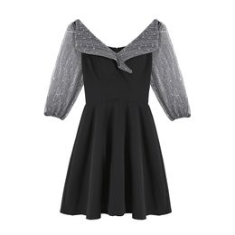 Korean Black Sash Patchwork 3/4 Sleeve Turn Down Collar Dress Summer Elegant Office Lady D1798 210514