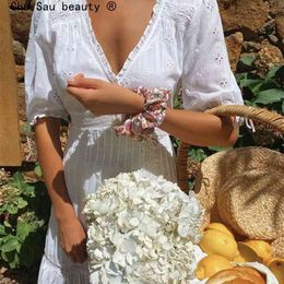 French White Lace Stitching Hollow Puff Sleeve Lace-Up Dress Summer V-Neck Holiday Style Long Vestido Female Solid Colour 210508