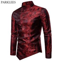 Wine Red Paisley Jacquard Tuxedo Shirt Men Stylish Irregular Hem Design Slim Fit Dress Shirts Mens Wedding Party Chemise Homme 210522