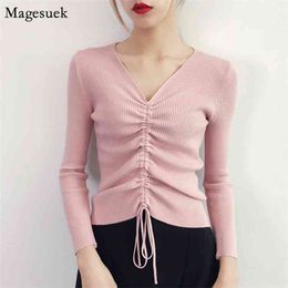 Autumn Winter Knitted Sweater Women Pullover Drawstring V-Neck Jumper Casual Knitwear Woman s 5217 50 210512