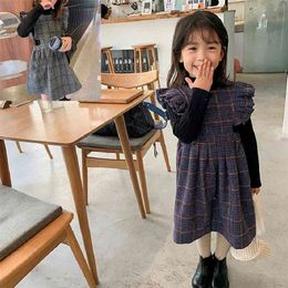 Girls Suit Woollen Korean Version Of The Vest Dress +Long Sleeves Bottoming Shirt Autumn Winter Children Clothing Sets 210625