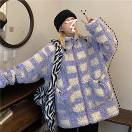 Winter Korean Ins College Style Retro Plaid Loose Long-sleeved Lamb Wool Coat Women's Casual Warm Cotton-padded Clothes Jackets