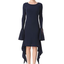 Women's Dark Blue and White Colour Irregular Knee Length Dress Flare Long Sleeve Elegant Slim Fit Autumn Winter Vintage Dresses 210527