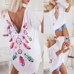 Floral Print Women Summer T-shirt Casual O Neck Sexy Backless Short Sleeve Loose White Irregular Streetwear female Tee Tops 210517