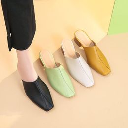 Slippers Women's Square Toe Solid PU Leather Block Heels Elegant Ladies Shoes Outdoor Fashion Concise Women Sandals 2021 Summer