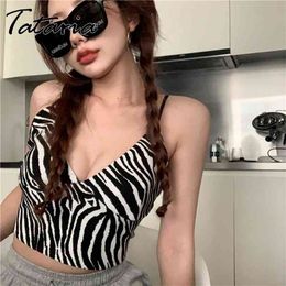 Sexy Zebra Pattern Sling Tops Women's Backless V-neck Short Vest Slim Tank Striped Girl Female Fashion Crop 210514