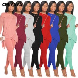 CM.YAYA Street Sweatsuit Women's Set Bow Hem Long Sleeve Tee Tops Stacked Legging Pants Set Active Tracksuit Two Piece Outfit Y0625