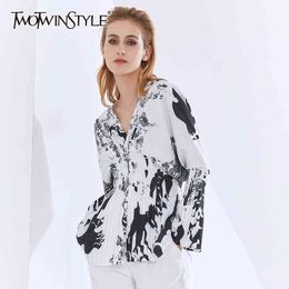 TWOTWINSTYLE Printed Ruched Tunic Blouse For Women V Neck Flare Sleeve Elegant White Shirt Female Autumn Fashion Autumn 210517