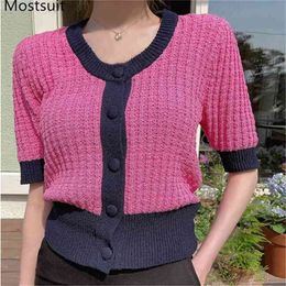 Color-blocked Thin Knitted Cardigan Women Summer Short Sleeve Single Breasted O-neck Sweater Vintage Elegant Ladies Jumpers 210513