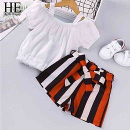 HE Hello Enjoy Girls Clothing Sets New Summer Kids Fashion White Suspender Top + Striped Pant 2Pcs Outfits Children Clothes 210326