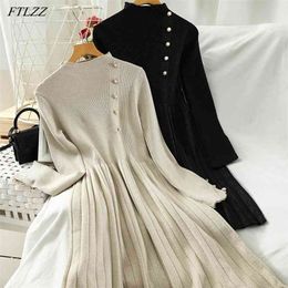 Autumn Winter Sweet Stand Collar High Waist Slim Dress Elegant Female Button Knitted Pleated 210430
