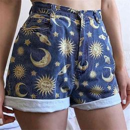 Women's denim Shorts Fit Planet Printed Pattern Women Pant School Loose Streewear Sun Star Ladies Jeans 210714