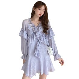 Summer Women's Dress Chiffon Korean Style Ruffles Loose Solid Color Pleated Soft Long Sleeve Female Vestidos PL293 210506