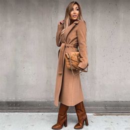 Woollen Woman Coats Autumn Winter With Belt Warm Long Cardigan Solid Turn-down Collar Large Size Fitted Elegant Ladies Coat 211118