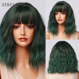 Green Synthetic Wigs Cosplay Lolita Short Bob Wig with Bangs Water Wave Wig for Women American Style Heat Resistantfactory direct