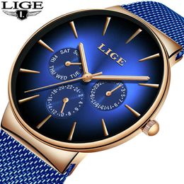 Lige Moda Mens Relógios Luxo Brand Negócio Blue Quartz Watch Mens Casual À Prova D 'Água Relva Relogio Masculino 210527