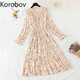 Korobov Korean Chic Flower Print Chiffon Women Dress Vintage V Neck Button Flare Sleeve Vestidos Beach Style Boho Robe Femme 210430