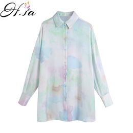 Hsa Women Summer Shirt Fashion Tie-dye Print Loose Blouse Vintage Long Sleeve Button-up Female Shirts Blusas Chic Tops 210430