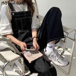 MATAKAWA Vintage Streetwear Pocket Denim Overalls Women Spring and Summer Korean Jeans Woman Straight Loose Wide-leg Overalls 210513