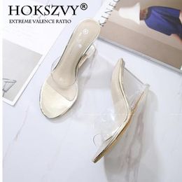 HOKSZVY 2021 New Women Slippers Crystal High Heels Summer Women's Shoes Buckle Simple Wedge Sandals Transparent Clear Shoes SDF3235