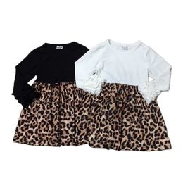 Girlymax 2 Colors Girls Clothes Milk Silk Baby Ruffles Black Beige Long Sleeve Leopard Knee Length DrRuffles X0803