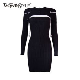 Hollow Out Patchwork Chain Dress For Women O Neck Long Sleeve High Waist Slim Knitted Dresses Female Fashion 210520