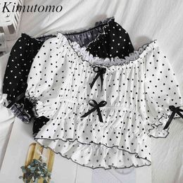 Kimutomo Fungus Off Shoulder Blouse Women Slash Neck Short Puff Sleeve Slim Waist Bow Heart Printed Shirt Girls Summer Fashion 210521
