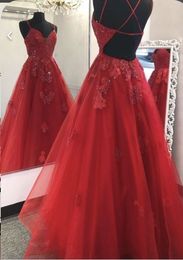 Red Long Prom Dress A Line Tulle Lace Backless Floor Length Sleeveless Party Gown Tailor Made Plus Size Available