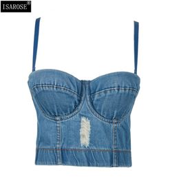 ISAROSE Summer Denim Tops Women Sleeveless Washed No Bra Wearing Retro Camisole Slim All-matched Padded Camis Cropped Top 210422