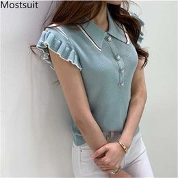 Summer Korean Fashion Knitted T Shirts Tops Women Buttfly Sleeve Turn-down Collar Pearl Buttons Slim Elegant Tees Tshirts 210513
