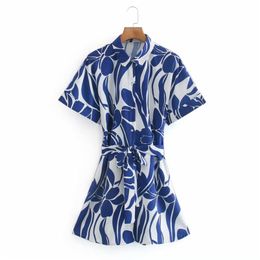Women Casual Shirts Mini Dress Summer Short Sleeve Sashes Bow Tie es Female Elegant Print Clothes vestido 210513