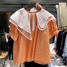 Neploe Tops Female Summer Sweet Short Sleeve Blouse Women Korean Fashion Blouses Irregular Double Layer Loose Plaid Shirt 4H791 210422