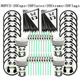 Disposable Dinnerware Party Supplies 80Pcs/Lot Cartoon Panda Tableware Boys Kids Birthday Plates Cups Flags Straws Decorations