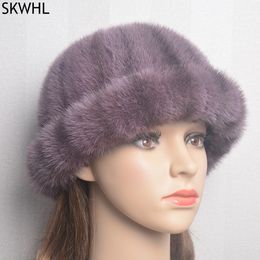 Fashion Lady Vintage Beanie Hats Women Winter Warm Landlord Hat Streetwear Hip Hop Brimless Real Mink Fur Cap