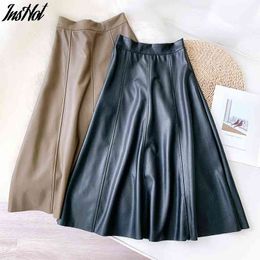 Autumn Fleece PU Leather Skirts Women Elegant High Waist A-Line Patchwork Midi Skirt Female Winter Office Lady Bottoms 210514