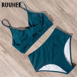 RUUHEE Swimsuit Woman High Waist Bikini Women Leopard Solid Bathing Suit Female with Pad Push Up Swimwear 210621