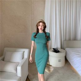 High elasticity slim knit dress female round neck short sleeve tight package hip solid color sexy fashion medium 210604