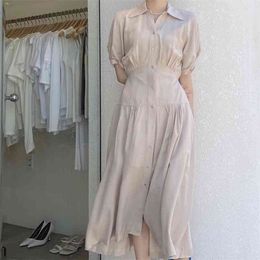 Stylish Dress Women Summer Shirt es High Waist Vintage Puff Sleeve Single Breasted Elegant Draped Long Midi 210601