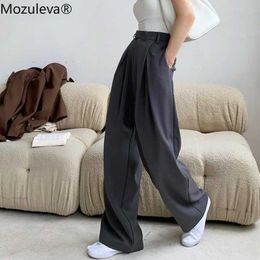 Mozuleva 2021 Summer Casual High Waist Pockets Ladies Solid Wide Leg Pants Fashion Loose Women Suit Pants Female Elegant Trouser Q0801