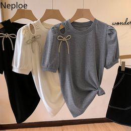 Neploe Korean Fashin Tshirts Women Summer Tees Sexy Lady Hollow Out Chic Bow Tees O-neck Puff Sleeve White Tops Female 210422