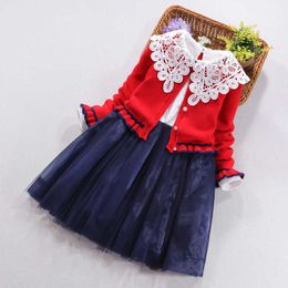 Kids Girl Clothes 2 Piece Set Red Knitted Cardigan Sweater Lace Collar Long Sleeve Mesh Patchwork Princess Girls Dress Children 210713