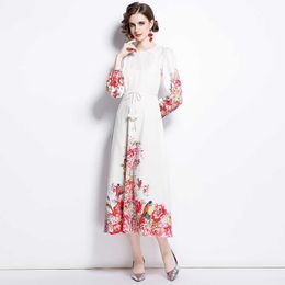 Women Summer Elegant Vintage Print O Neck Lantern Sleeve Wedding Party Robe Femme Designer White Floral A-Line Dress Vestidos 210525